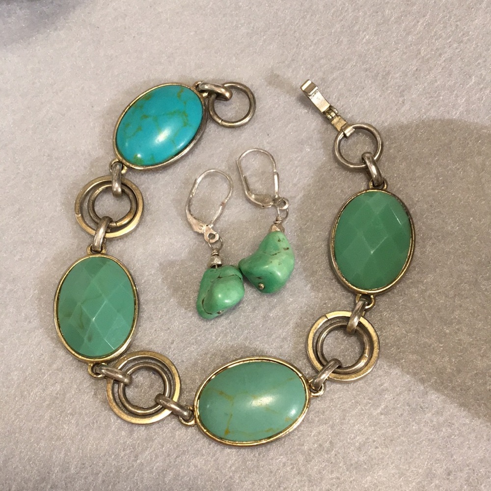 Cut stones link bracelet color aqua greens  bracelet w dangle matching earrings - Picture 13 of 13